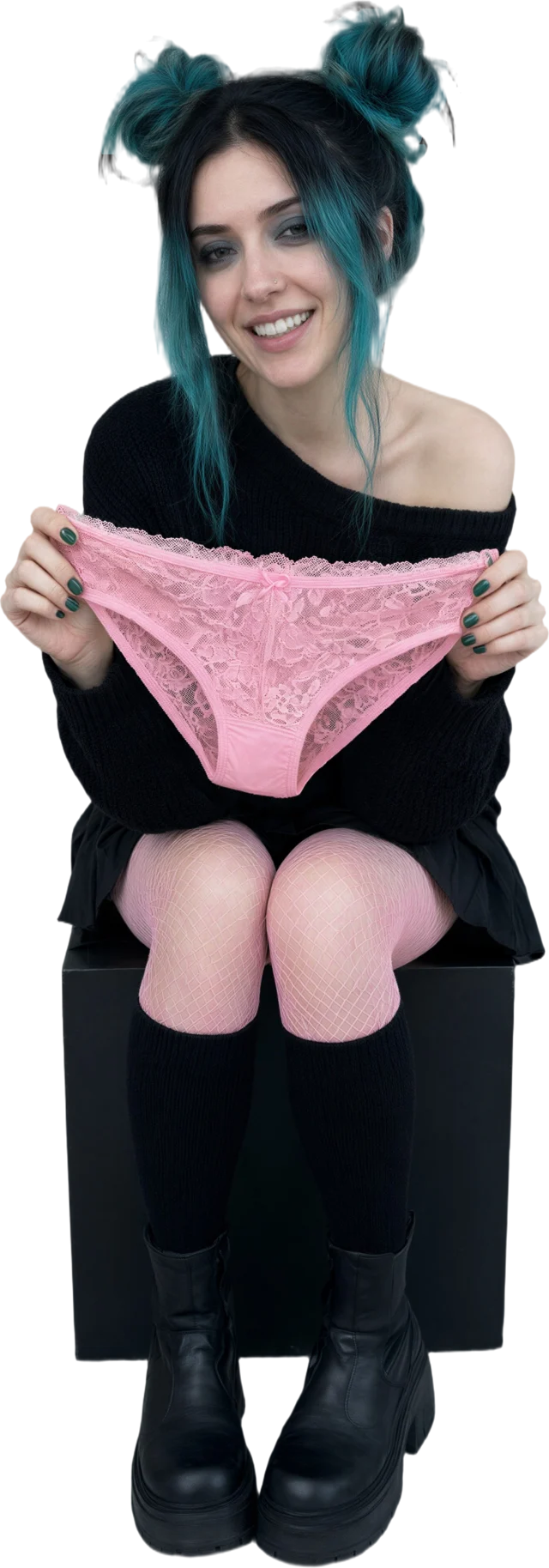 Ilustración: una mujer de pelo negro y turquesa con jersey negro, sentada en un cubo negro, que sostiene unas bragas de encaje rosa