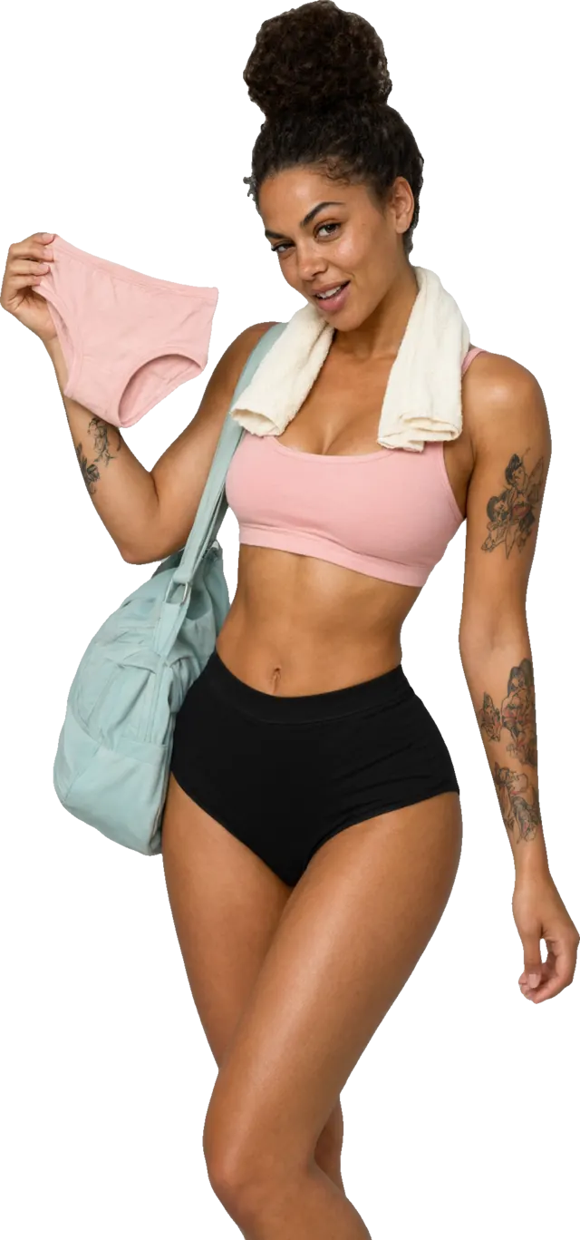 Ilustración: una mujer deportista con una toalla y una bolsa de deporte sosteniendo unas bragas de algodón rosas