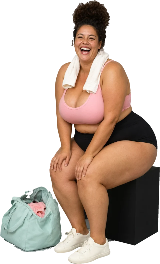 Ilustración: una mujer deportista riendo sentada en un taburete junto a su bolsa de deporte abierta