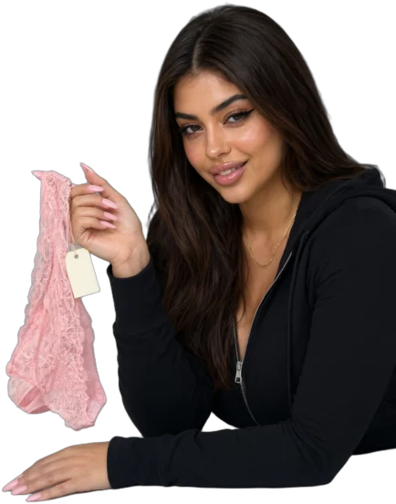 Ilustración: una mujer sonriente de pelo largo y oscuro, con sudadera negra y pantalón negro, tumbada boca abajo, sostiene unas bragas de encaje rosa con una etiqueta de papel que marca 50 €